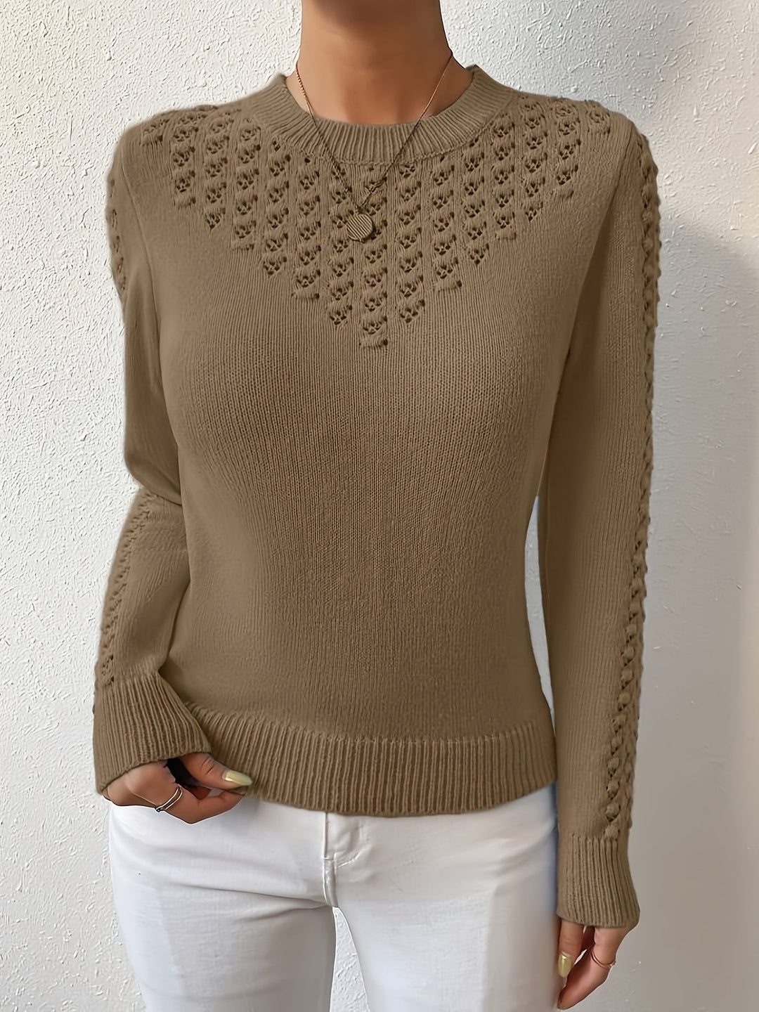 Fjelwine | Damen Ajour-Strickpullover Rundhals - Baby Blue - Image 13
