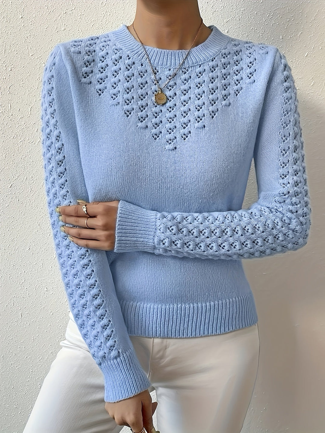Fjelwine | Damen Ajour-Strickpullover Rundhals - Baby Blue - Image 2