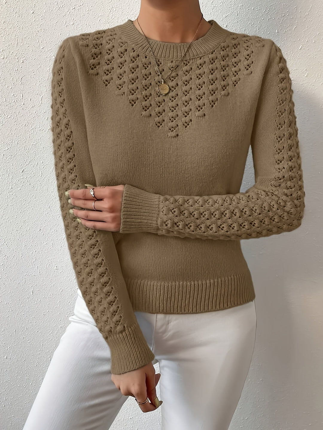 Fjelwine | Damen Ajour-Strickpullover Rundhals - Baby Blue - Image 9