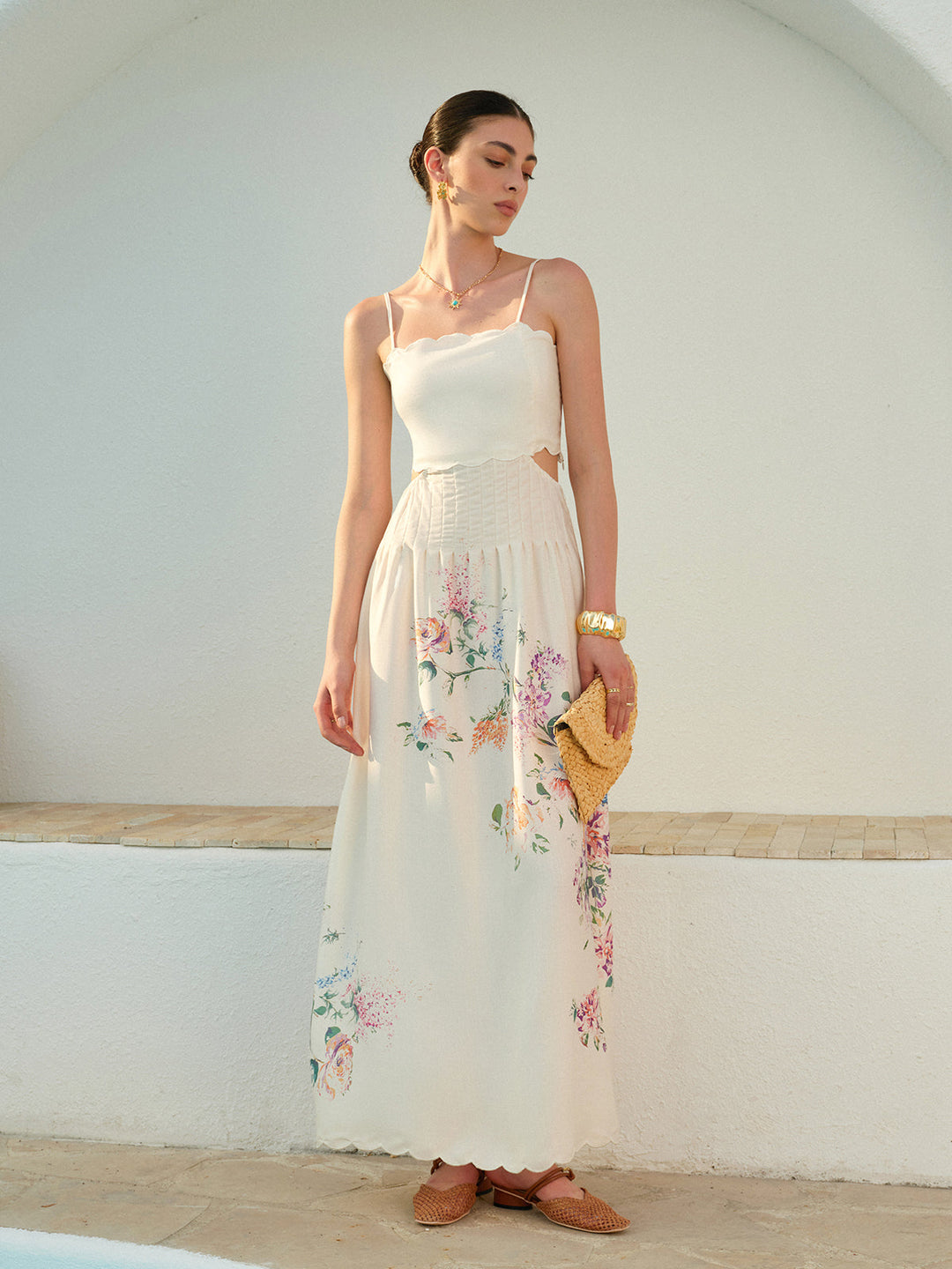 Celia | Damen Maxikleid mit Blumendruck, Cut-Out Spaghettiträger