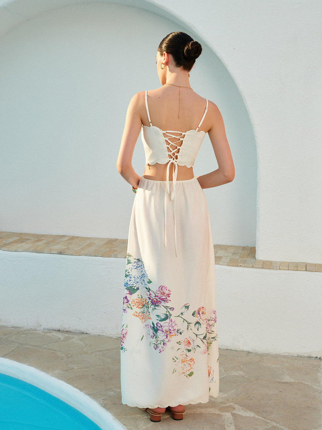 Celia | Damen Maxikleid mit Blumendruck, Cut-Out Spaghettiträger