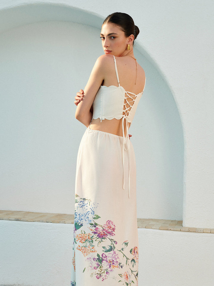 Celia | Damen Maxikleid mit Blumendruck, Cut-Out Spaghettiträger
