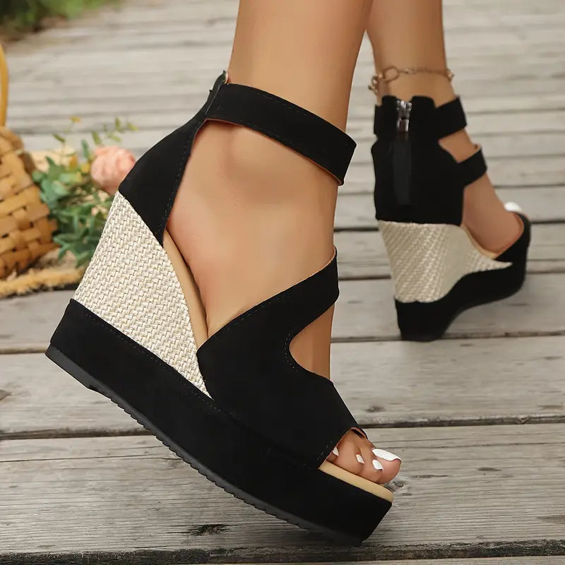 Florentia | Damen Riemchen Keilabsatz Sandalen - Black - Image 4