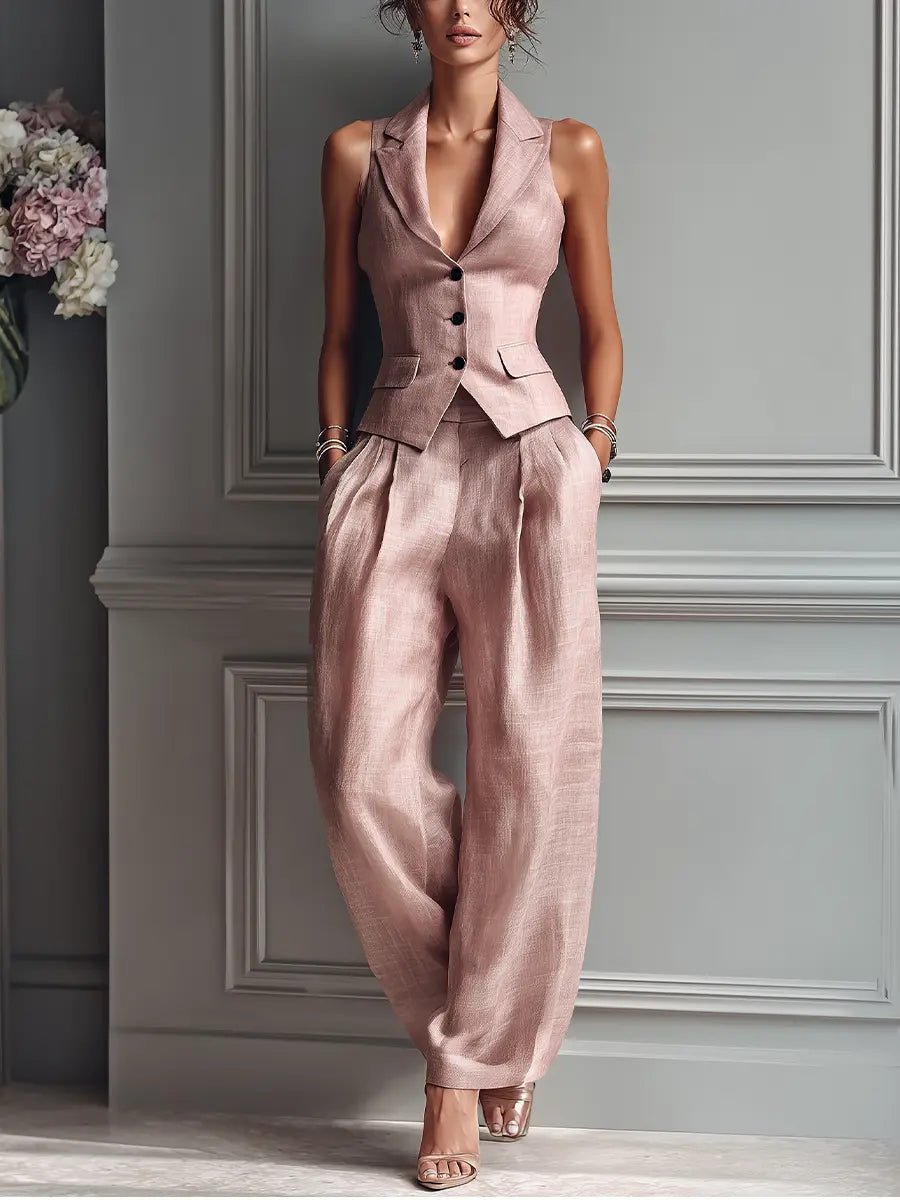 Florentine | Damen Zweiteiler Weste mit Weiter Hose - Light Pink - Image 1