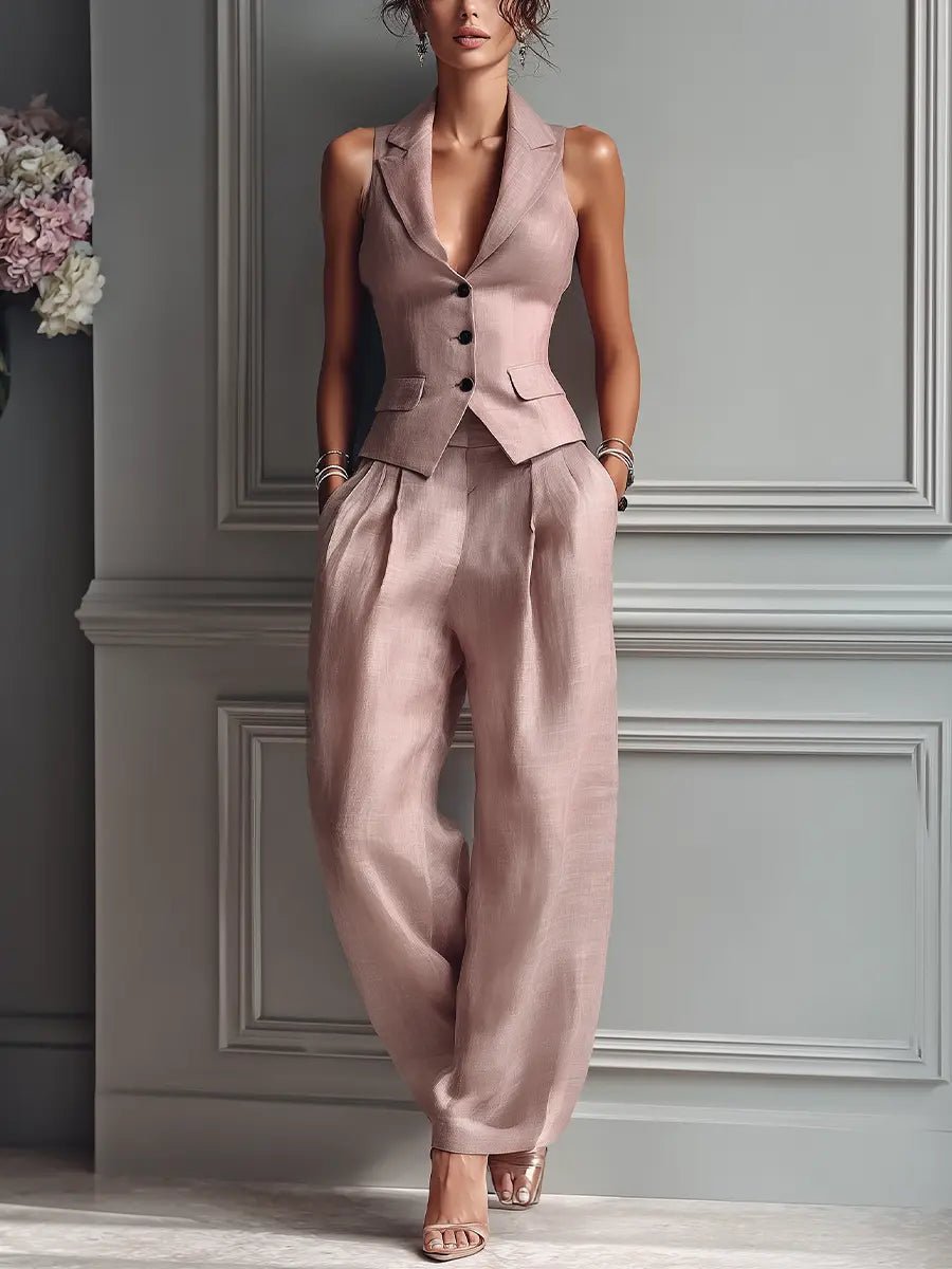 Florentine | Damen Zweiteiler Weste mit Weiter Hose - Light Pink - Image 2