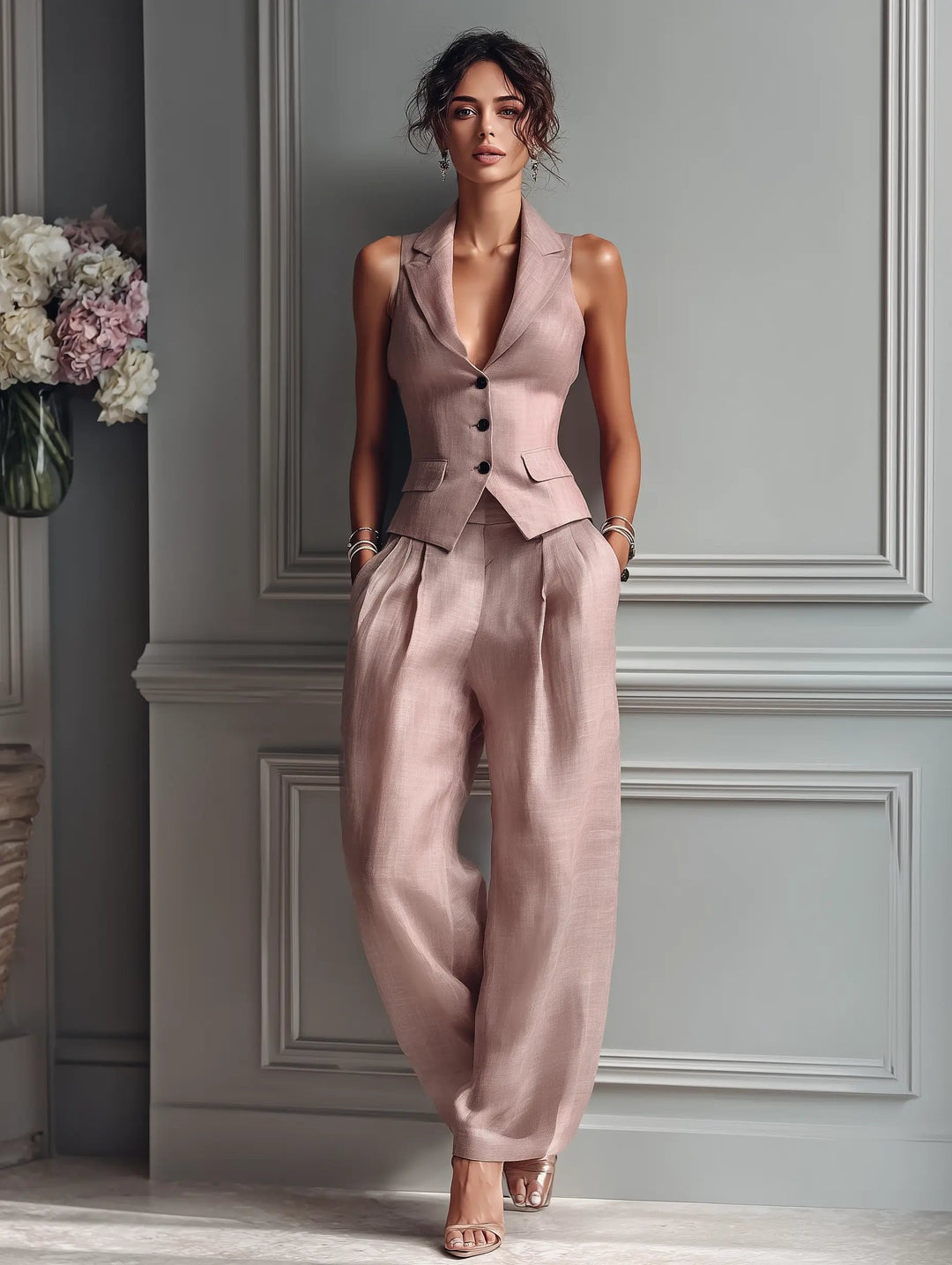 Florentine | Damen Zweiteiler Weste mit Weiter Hose - Light Pink - Image 3