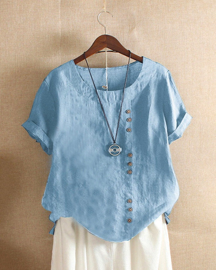 Janice | Damen bluse Kurzarm Rundhals Knopfleiste Sommer