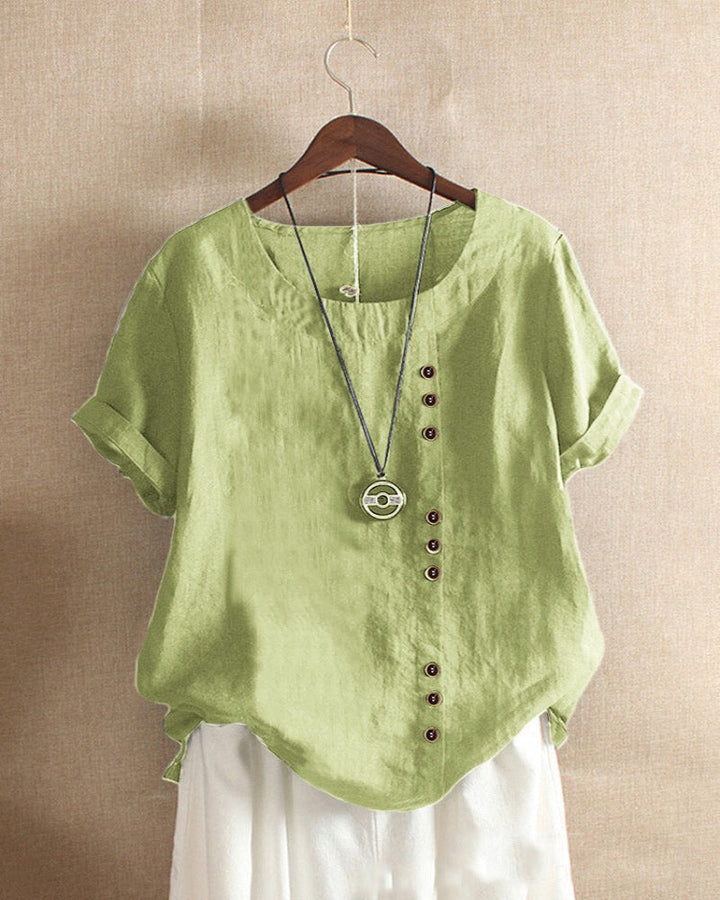 Janice | Damen bluse Kurzarm Rundhals Knopfleiste Sommer