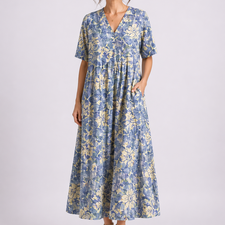 Francine | Damen V-Ausschnitt Blumen Midikleid - Floral - Image 1