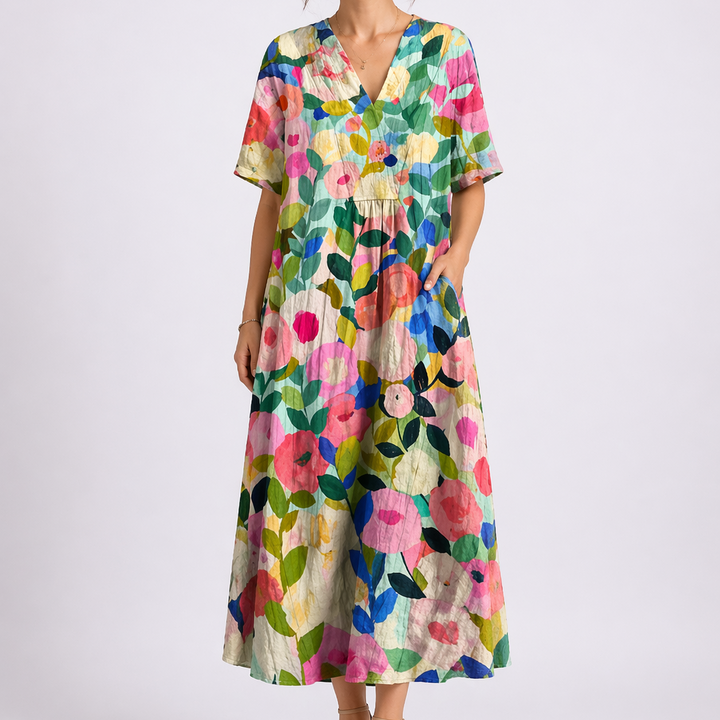 Francine | Damen V-Ausschnitt Blumen Midikleid - Floral - Image 2