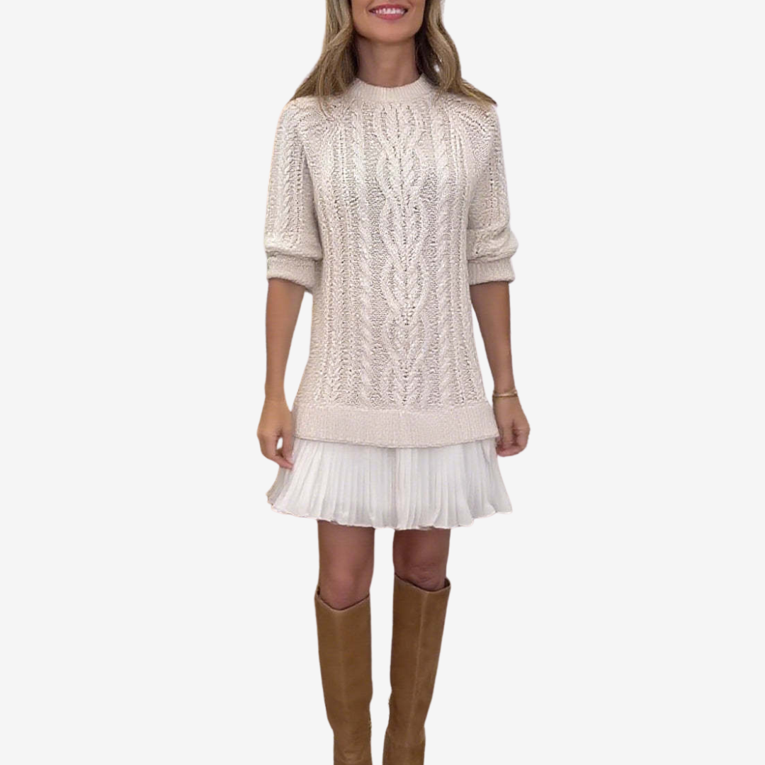 Franka | Damen Strickkleid mit Zopfmuster, Mini - Cream - Image 3