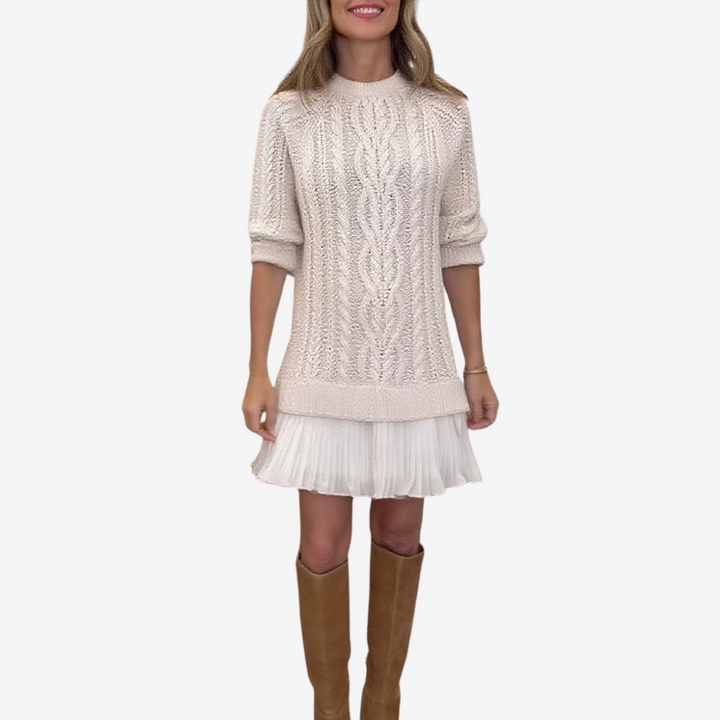 Franka | Damen Strickkleid mit Zopfmuster, Mini - Cream - Image 3