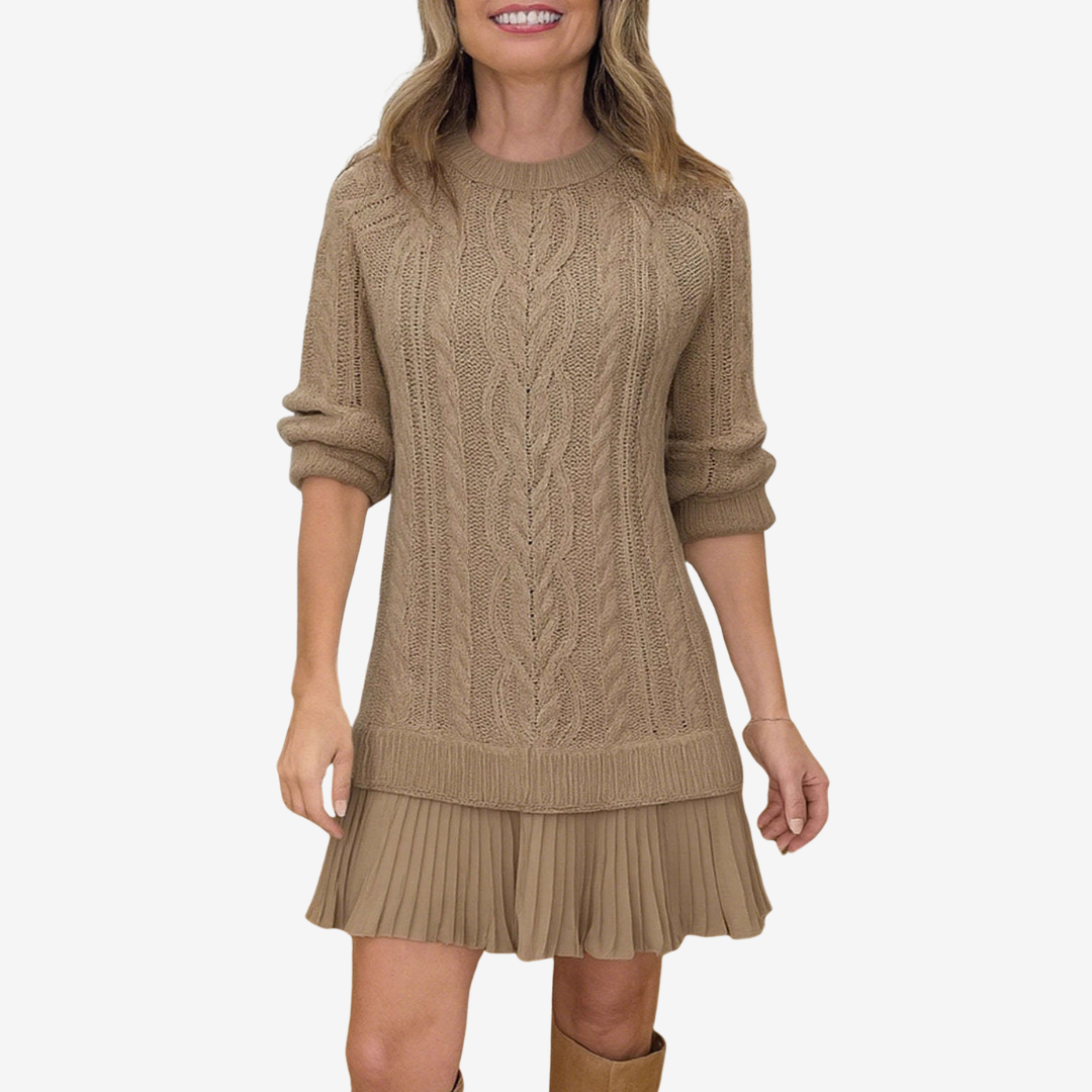 Franka | Damen Strickkleid mit Zopfmuster, Mini - Cream - Image 6