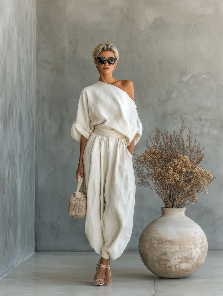 Franziska | Damen Schulterfreies Langarm Outfit Set - Beige - Image 2