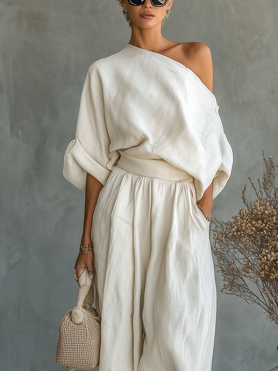 Franziska | Damen Schulterfreies Langarm Outfit Set - Beige - Image 3