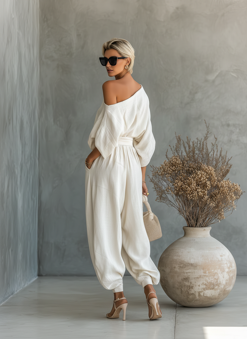 Franziska | Damen Schulterfreies Langarm Outfit Set - Beige - Image 5