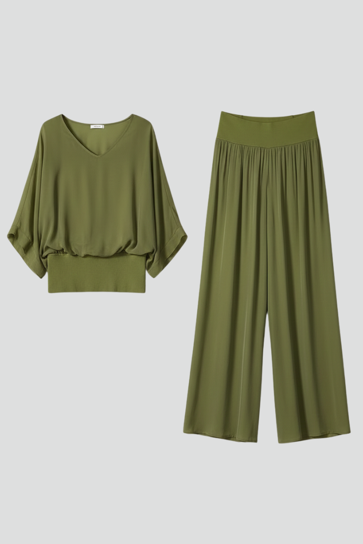 Franziska | Damen V-Ausschnitt Zweiteiler Set mit weiter Hose - Khaki - Image 1