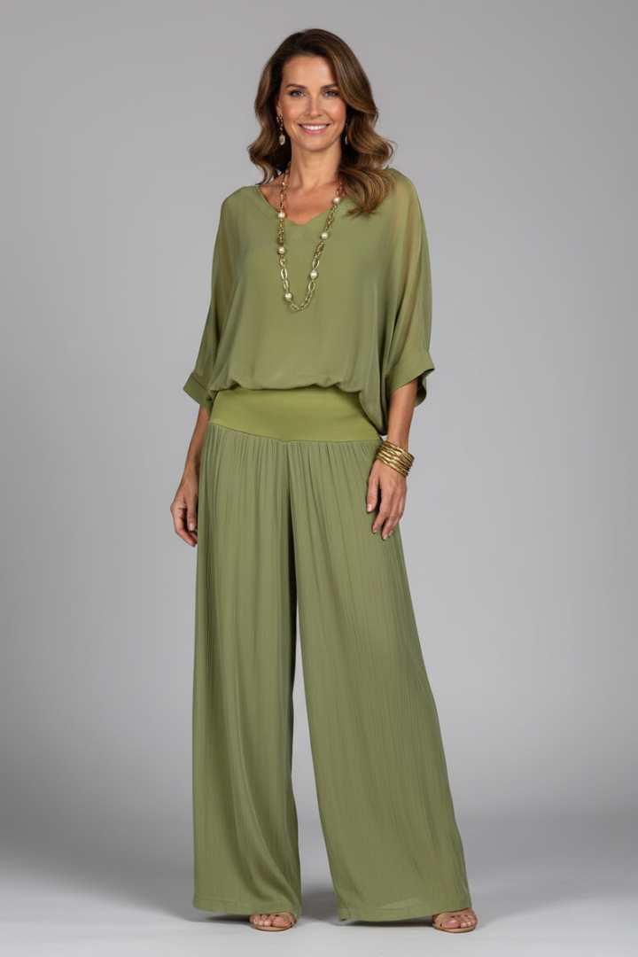 Franziska | Damen V-Ausschnitt Zweiteiler Set mit weiter Hose - Khaki - Image 2