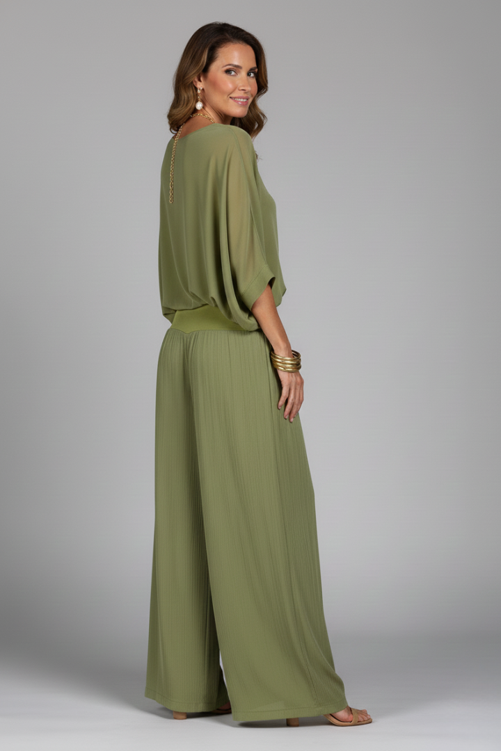 Franziska | Damen V-Ausschnitt Zweiteiler Set mit weiter Hose - Khaki - Image 3