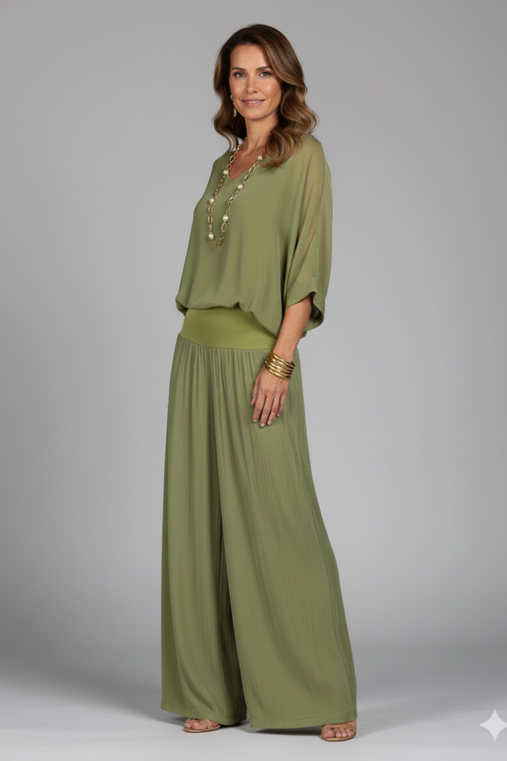 Franziska | Damen V-Ausschnitt Zweiteiler Set mit weiter Hose - Khaki - Image 4