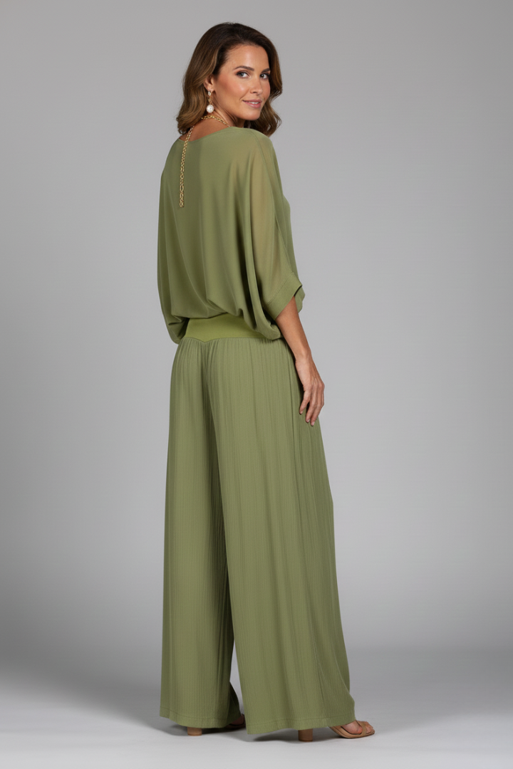 Franziska | Damen V-Ausschnitt Zweiteiler Set mit weiter Hose - Khaki - Image 5