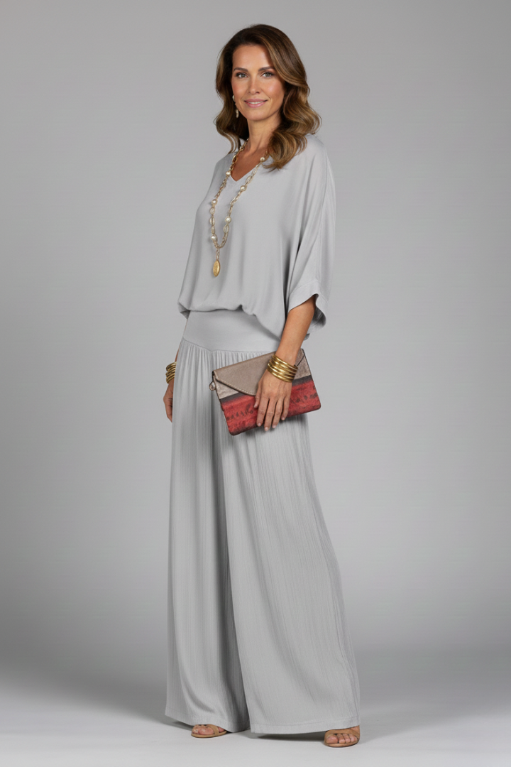 Franziska | Damen V-Ausschnitt Zweiteiler Set mit weiter Hose - Khaki - Image 6