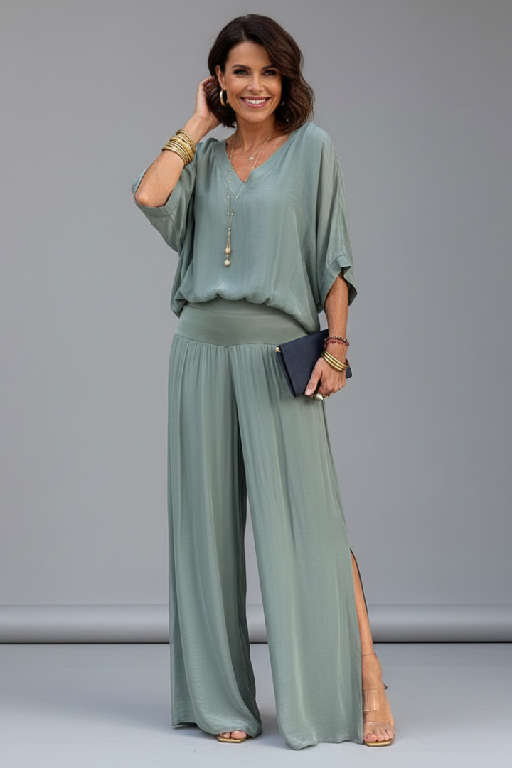 Franziska | Damen V-Ausschnitt Zweiteiler Set mit weiter Hose - Khaki - Image 9