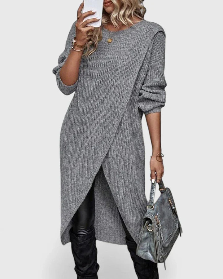 Freya | Damen Langes Strickkleid mit Wickelfront - Grey - Image 1