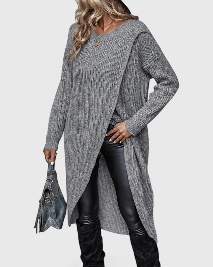 Freya | Damen Langes Strickkleid mit Wickelfront - Grey - Image 5