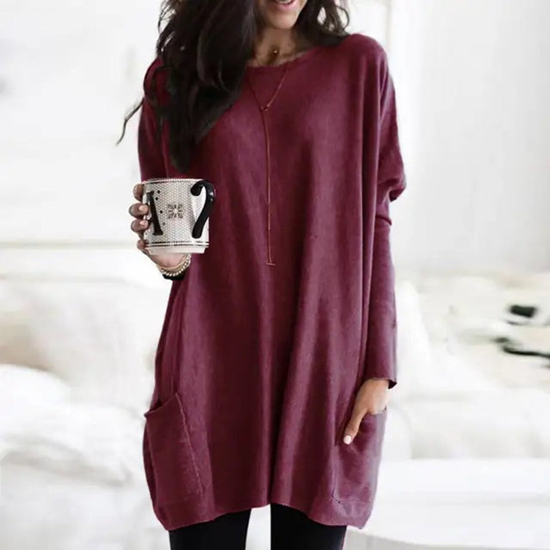 Freya | Damen Oversized Langarm Tunika mit Taschen - Burgundy - Image 1