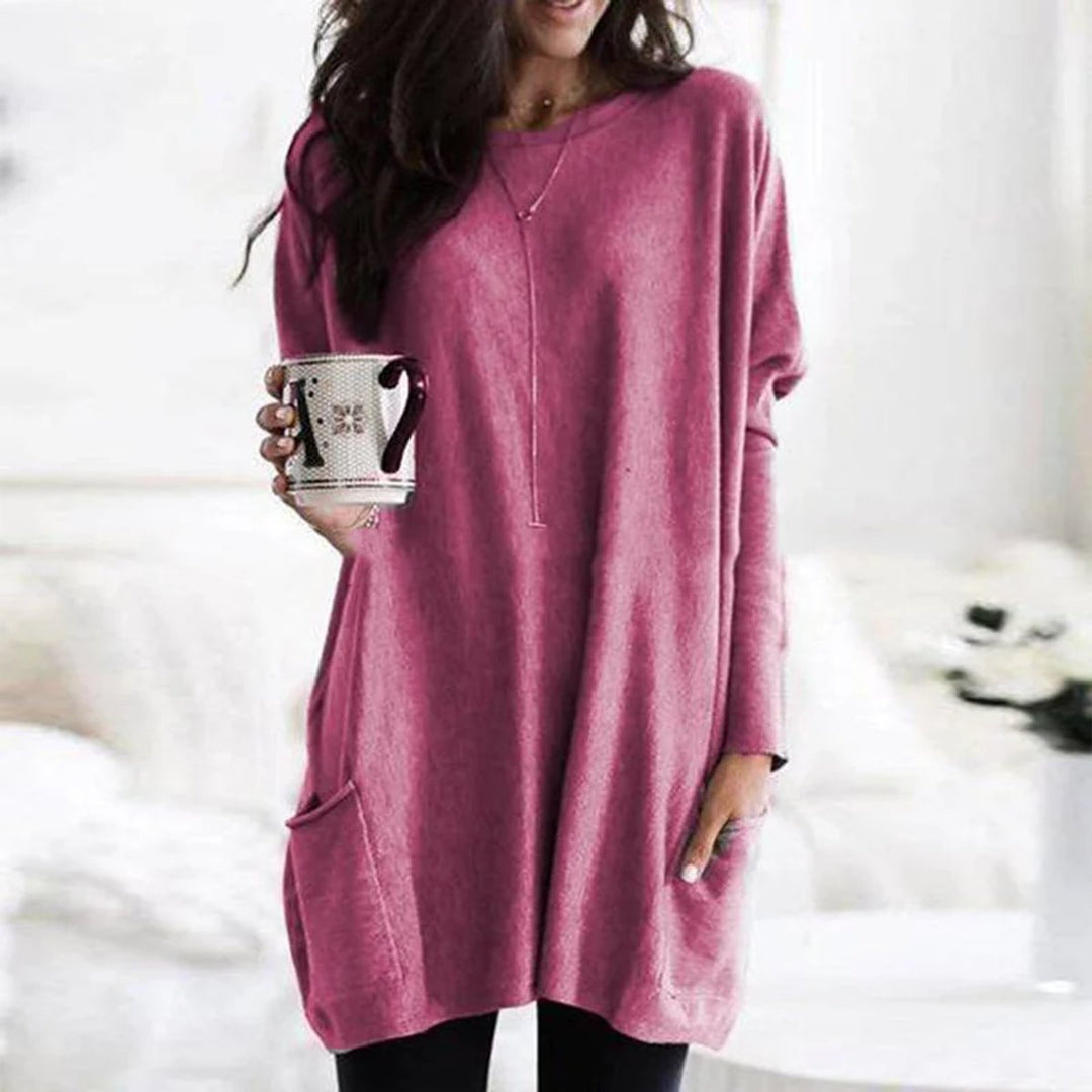 Freya | Damen Oversized Langarm Tunika mit Taschen - Burgundy - Image 7