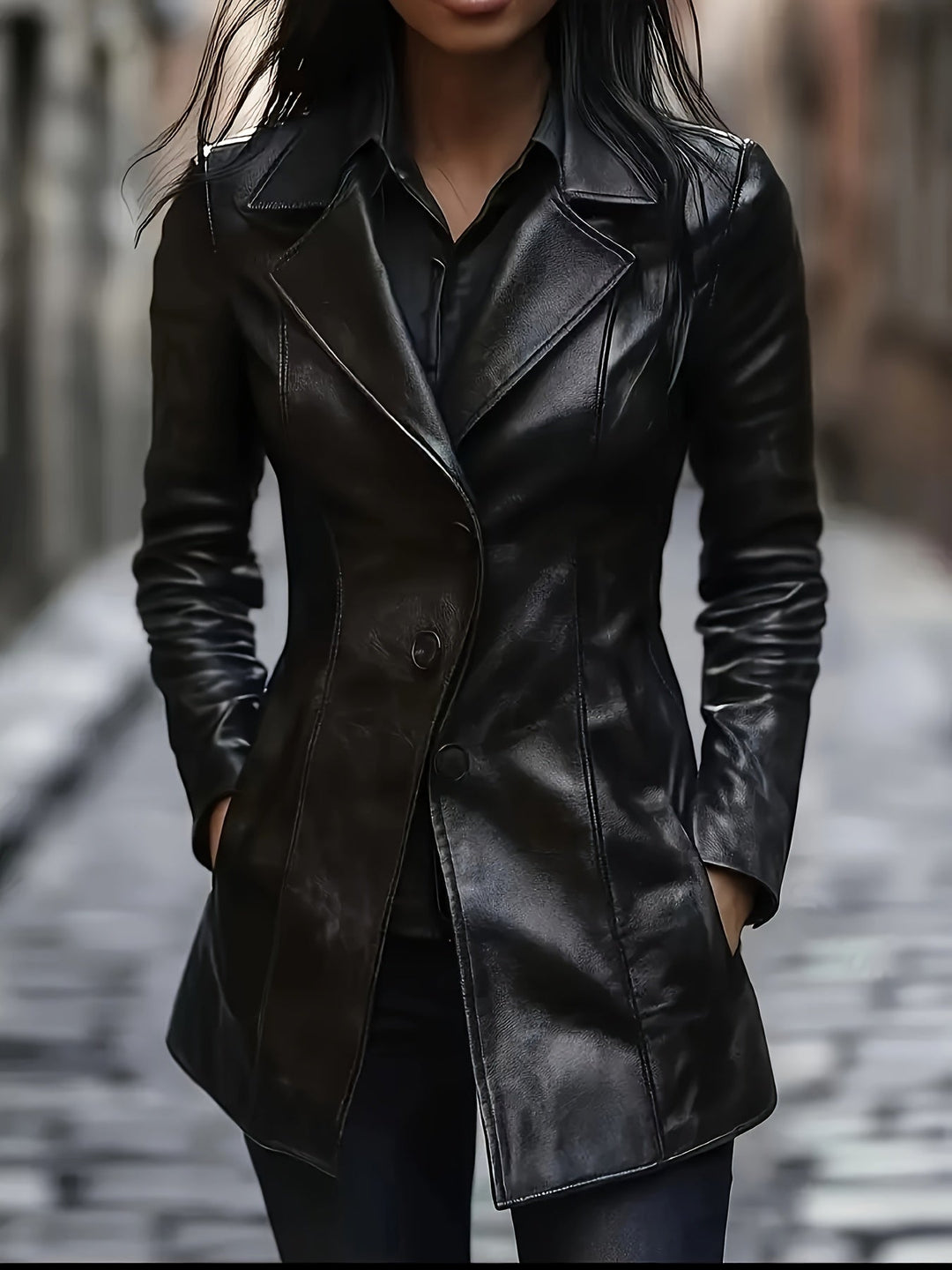 Freyborg | Damen Ledermantel Slim Fit Langmantel - Black - Image 2