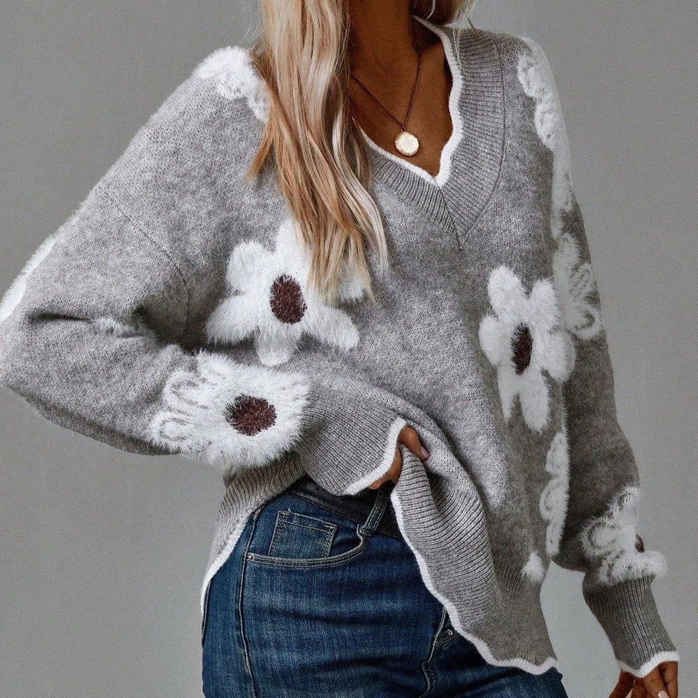 Freywind | Damen Strickpullover Blumenmuster V-Ausschnitt - Grey - Image 1