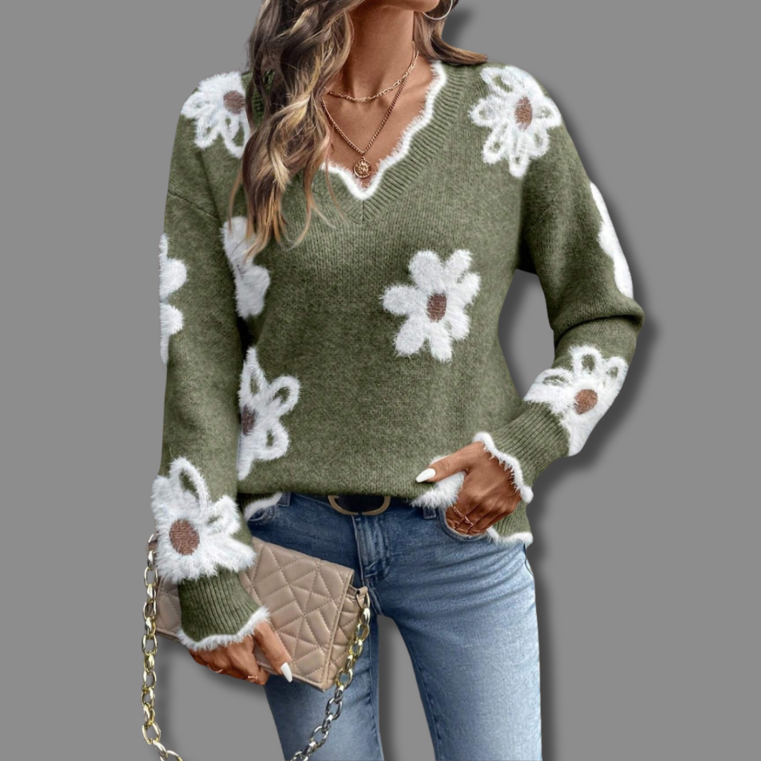 Freywind | Damen Strickpullover Blumenmuster V-Ausschnitt - Grey - Image 2