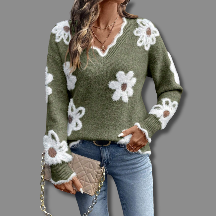 Freywind | Damen Strickpullover Blumenmuster V-Ausschnitt - Grey - Image 2
