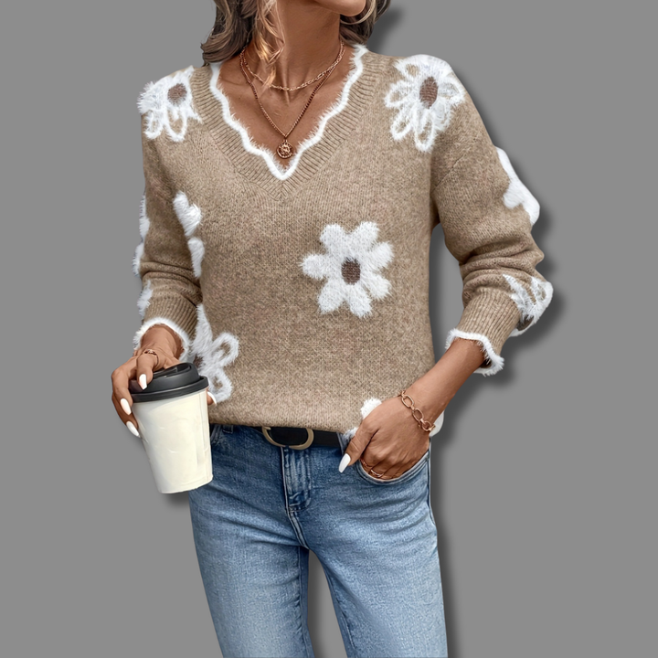 Freywind | Damen Strickpullover Blumenmuster V-Ausschnitt - Grey - Image 3