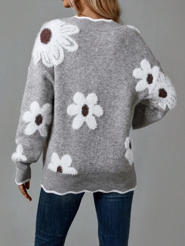 Freywind | Damen Strickpullover Blumenmuster V-Ausschnitt - Grey - Image 6