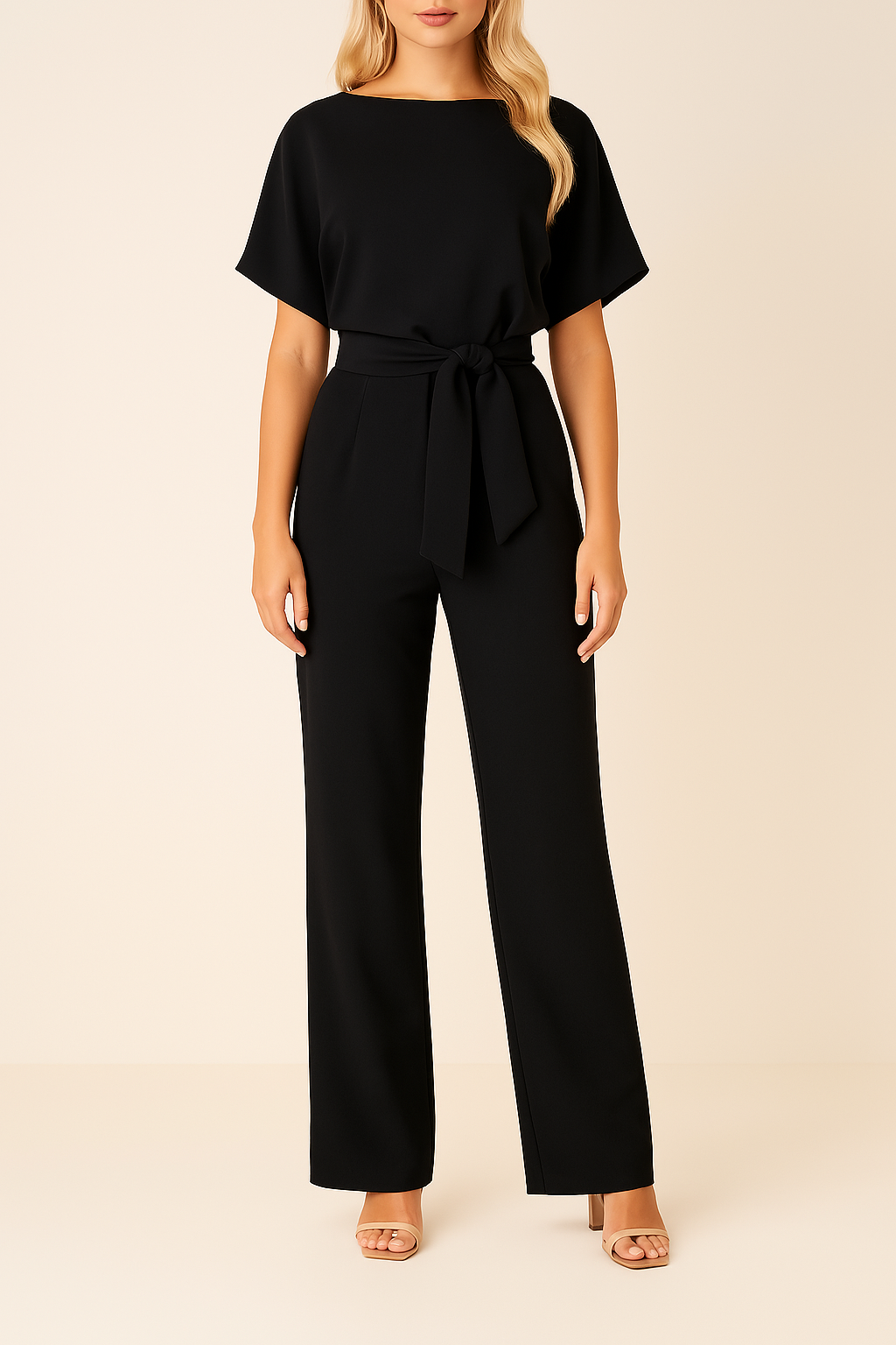 Frieda | Damen Kurzarm Jumpsuit Weites Bein - Black - Image 1