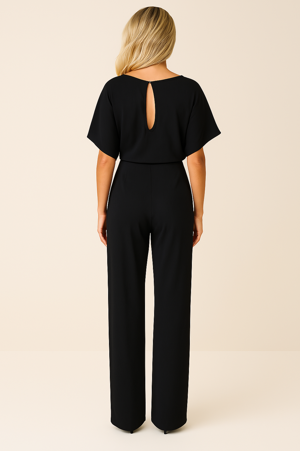 Frieda | Damen Kurzarm Jumpsuit Weites Bein - Black - Image 2