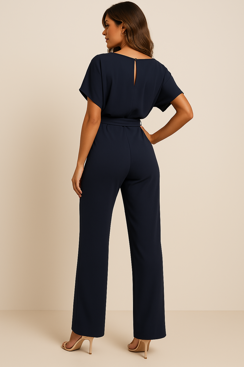Frieda | Damen Kurzarm Jumpsuit Weites Bein - Black - Image 9