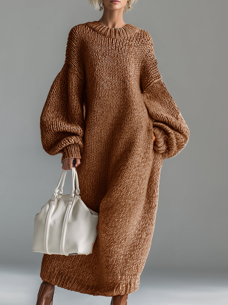 Frieda | Damen Oversize Strickkleid Maxi, warm & bequem - Taupe - Image 2