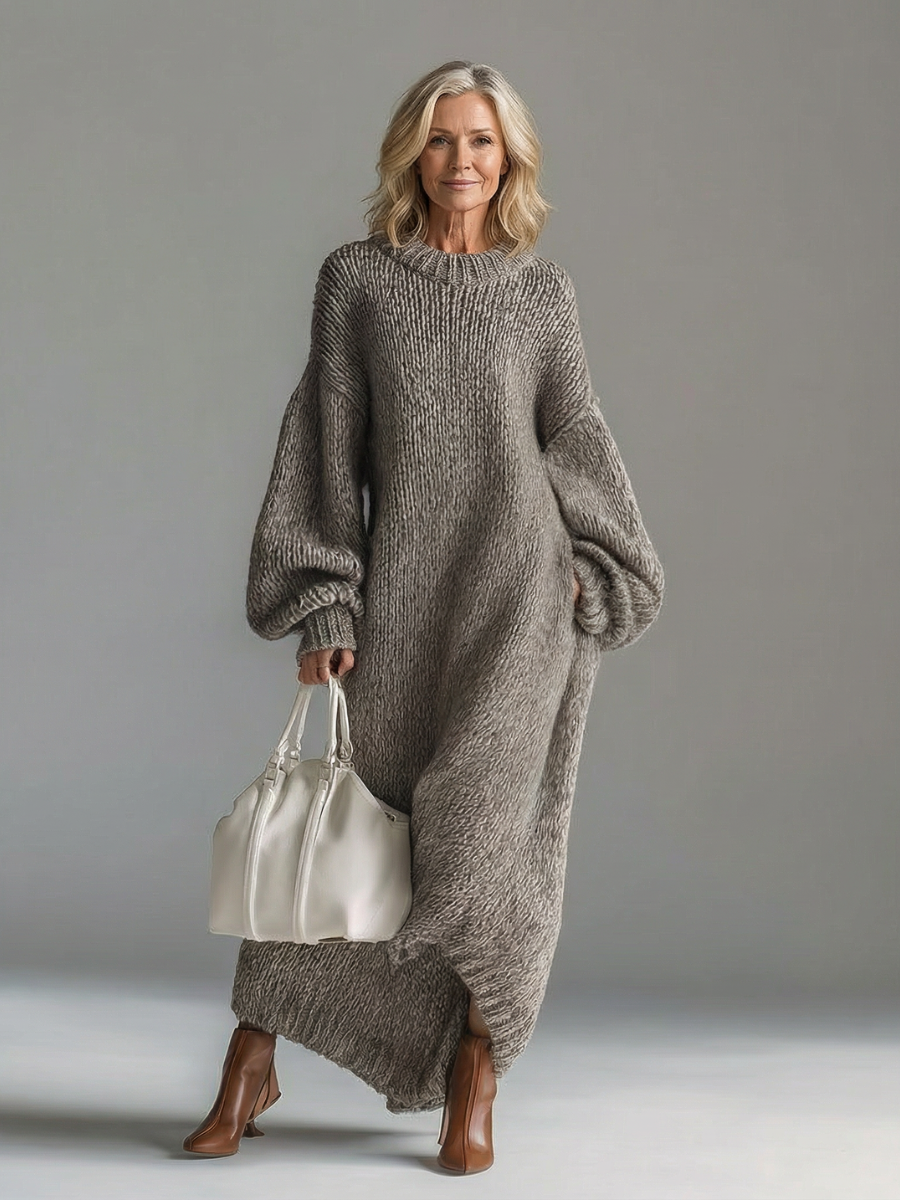 Frieda | Damen Oversize Strickkleid Maxi, warm & bequem - Taupe - Image 5