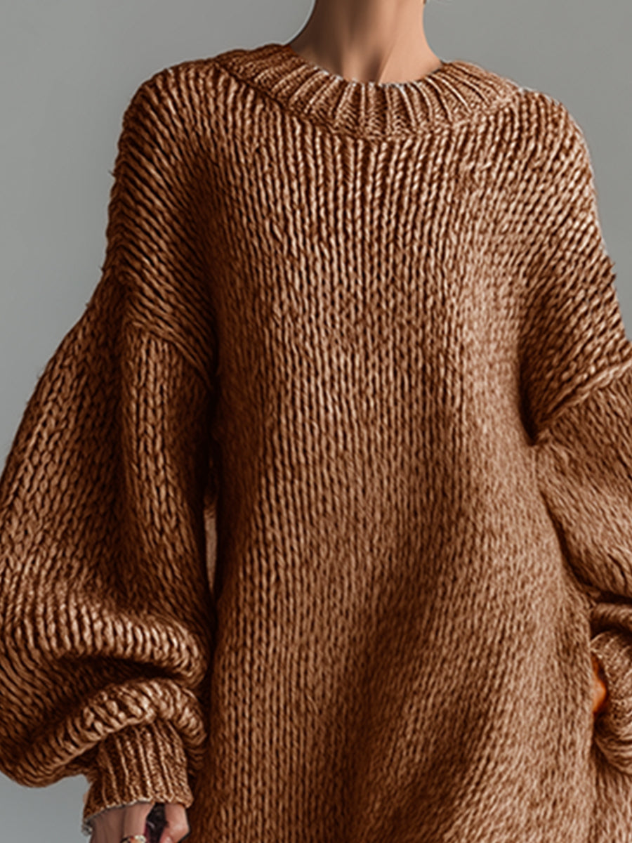 Frieda | Damen Oversize Strickkleid Maxi, warm & bequem - Taupe - Image 9