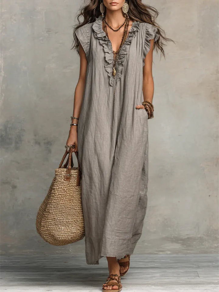 Frieda | Damen Rüschen Maxikleid Ärmellos - Grey - Image 1