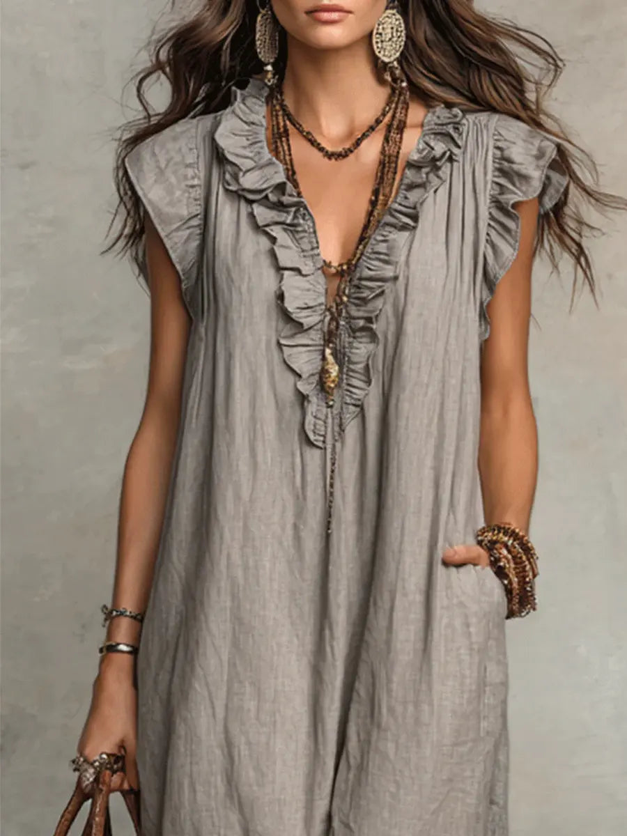 Frieda | Damen Rüschen Maxikleid Ärmellos - Grey - Image 8