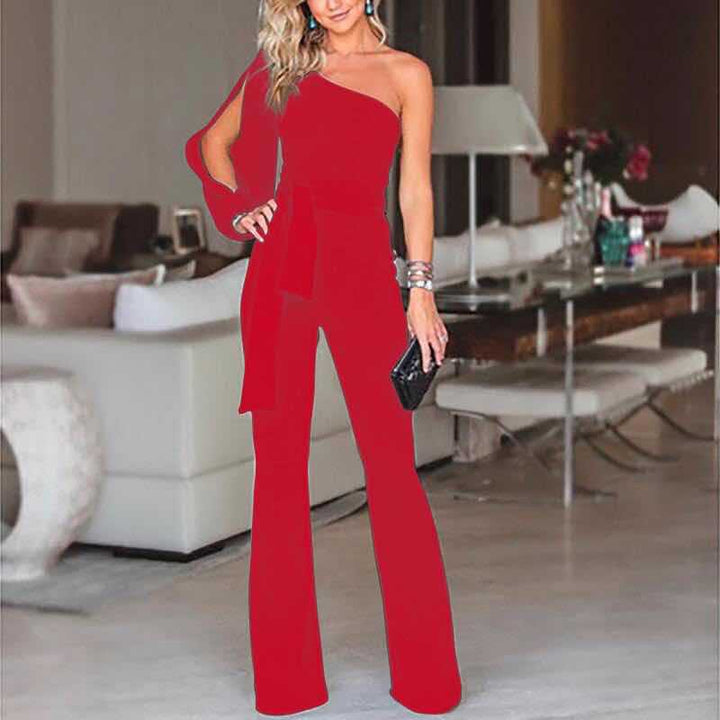 Friederike | Damen One Shoulder Gürtel Jumpsuit - Black - Image 3