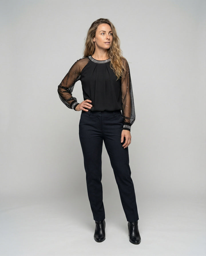 Nina | Damen Mesh Top Transparent Langarm Nieten Rundhals Elegant