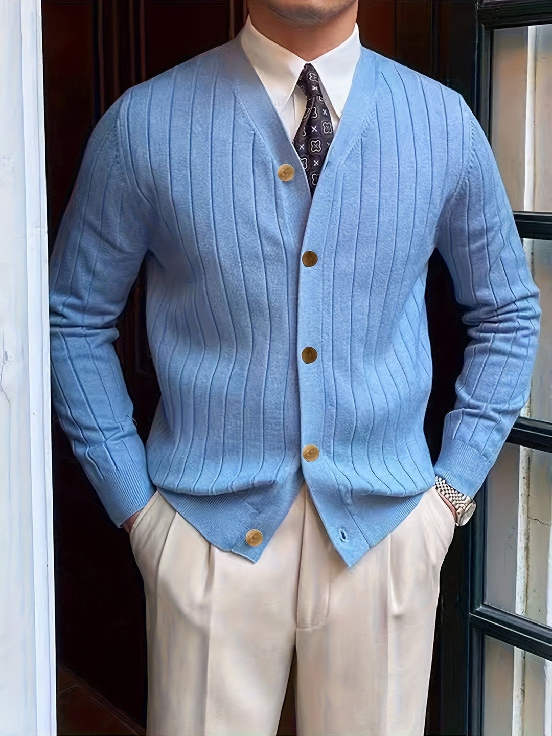 Gebhard | Herren Strickjacke V-Ausschnitt Cardigan - Light Blue - Image 5