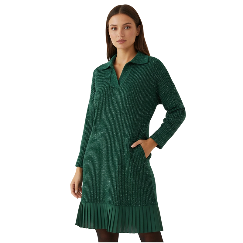 Geirþrúður | Damen Strickkleid mit Kragen - Dark Green - Image 1