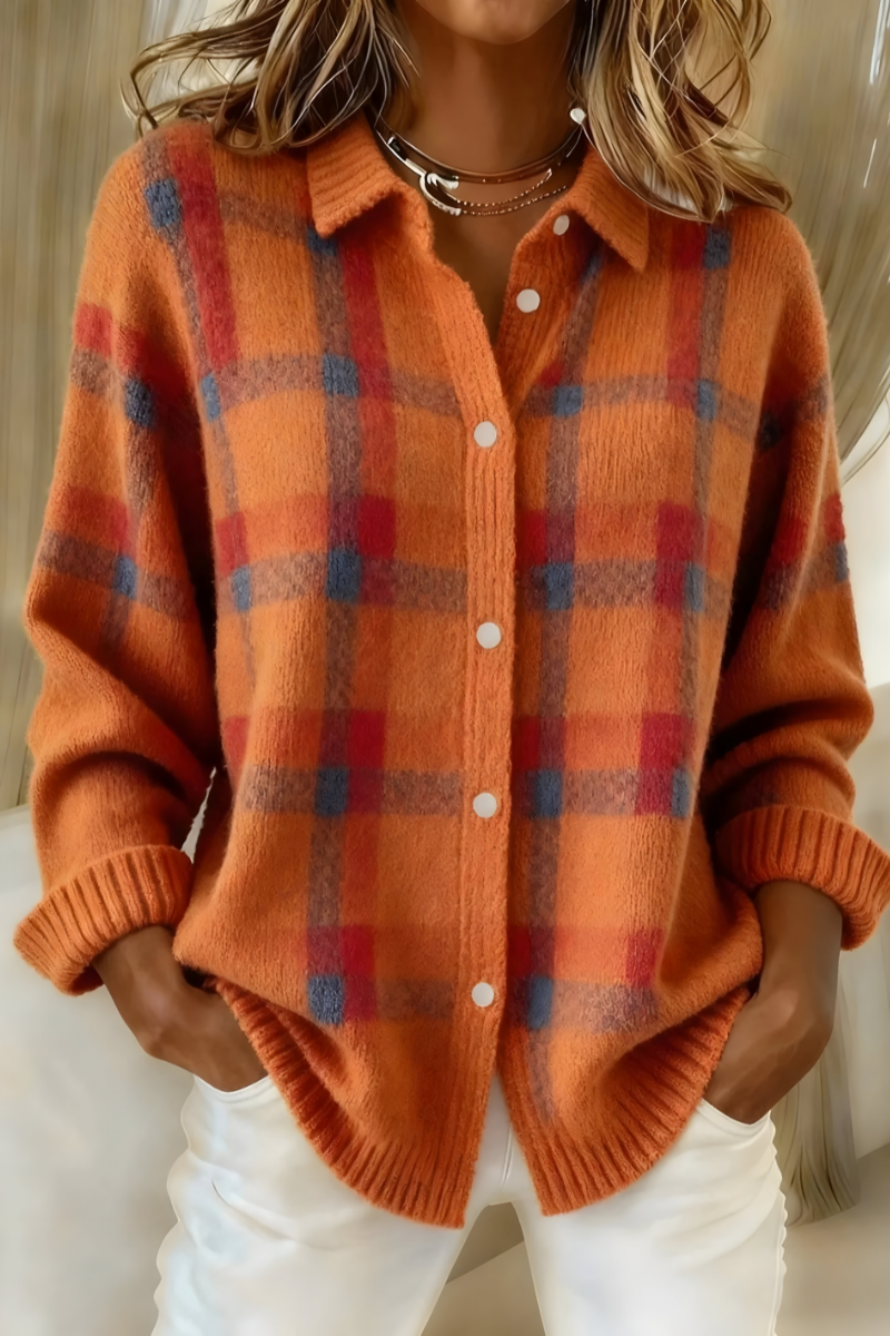 Gerdrun | Damen Karierte Strickjacke mit Knöpfen - Orange - Image 1